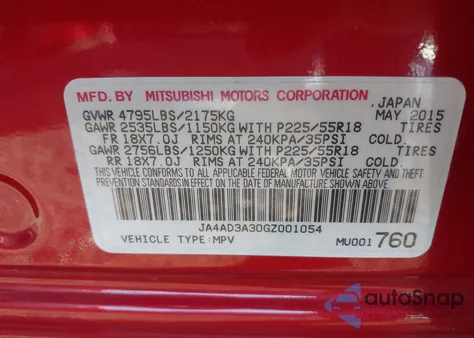 2016 Mitsubishi Outlander Se z USA, uszkodzony, nr VIN JA4AD3A30GZ001054